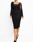 Ruched Long Sleeve Midi Dress - Black